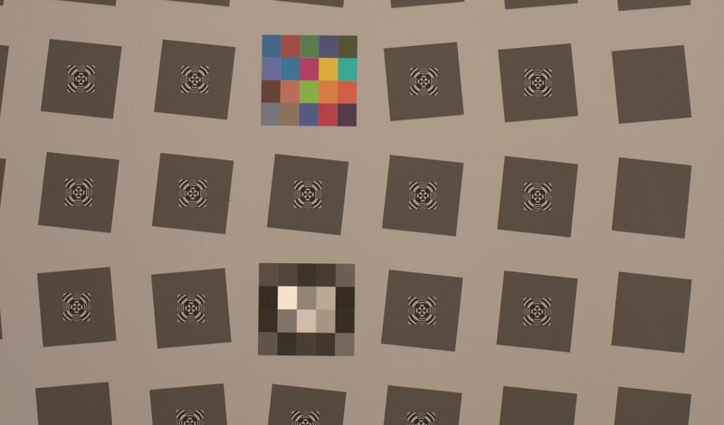 Reduced crop of the SFR target, showing slanted-edge blocks distributed
across the field