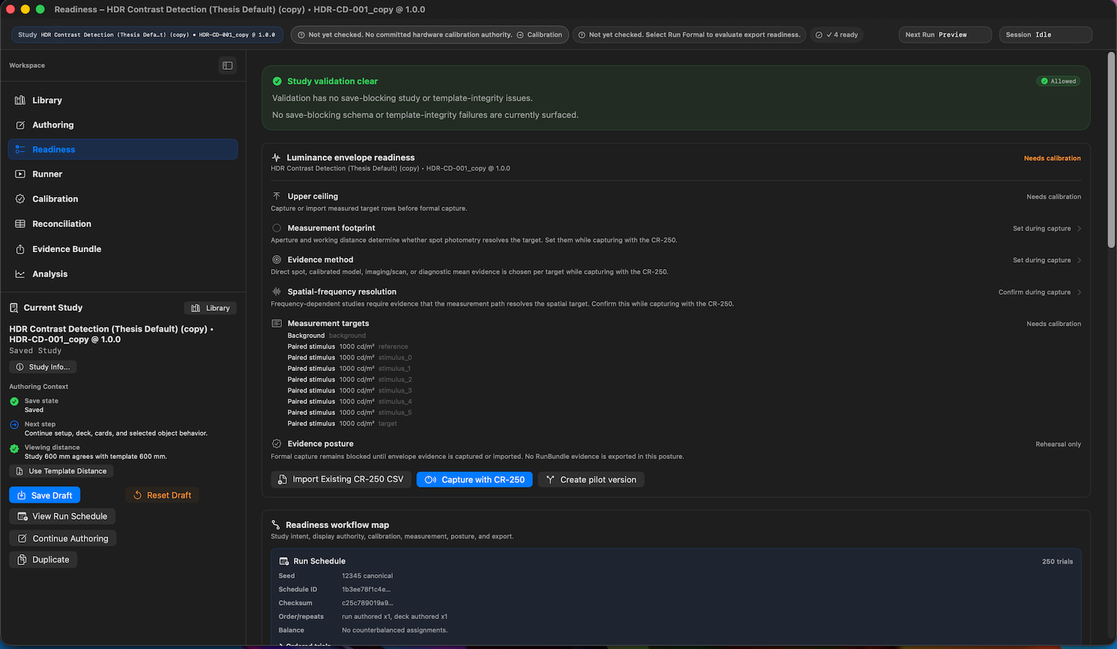 Run-readiness evaluation showing study validation state, luminance-envelope readiness with per-target measurement rows, and a rehearsal-only posture.