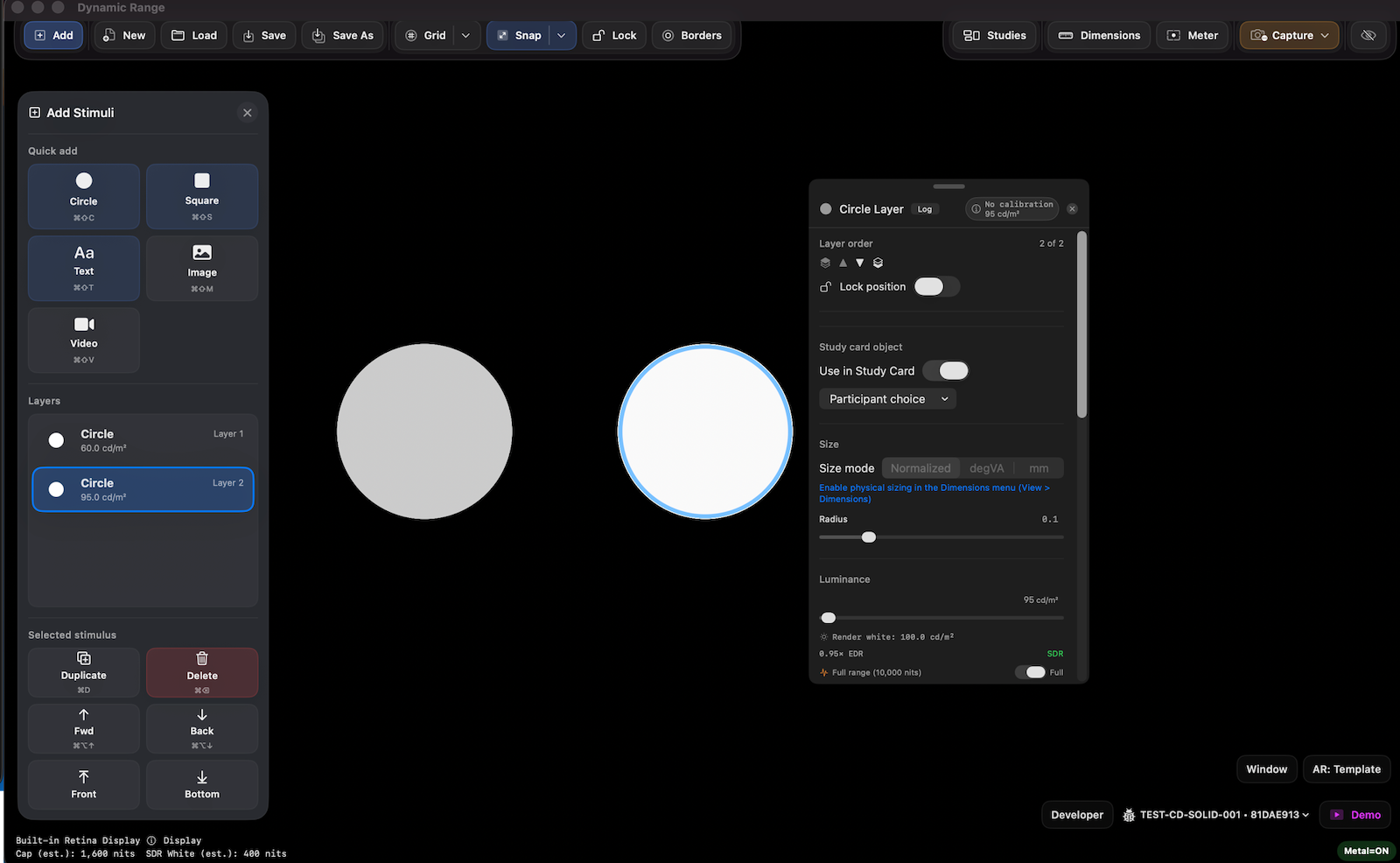 Stimulus editor showing two gray disks on a black field, with a layer inspector reporting per-layer luminance in cd/m², the size mode, and the display's extended-range context.