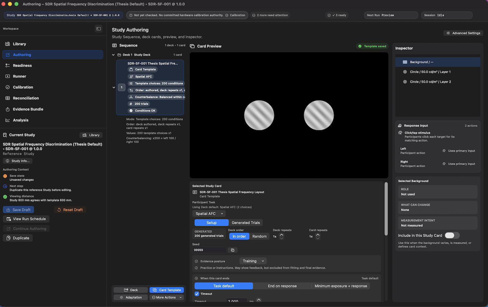 Study authoring workspace with the card preview showing two oblique sinusoidal gratings in circular apertures, a spatial two-alternative forced-choice binding, and a generated trial schedule.