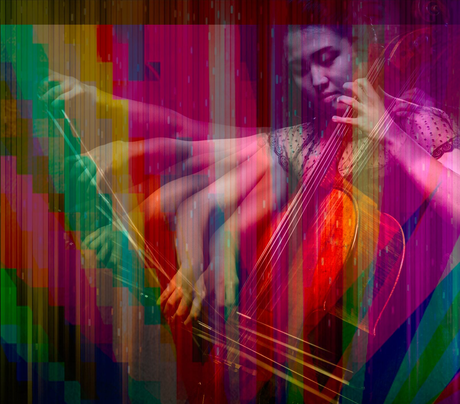 Composite portrait of a cellist layered with saturated color blocks, vertical scan lines, and enlarged hands on a string instrument.