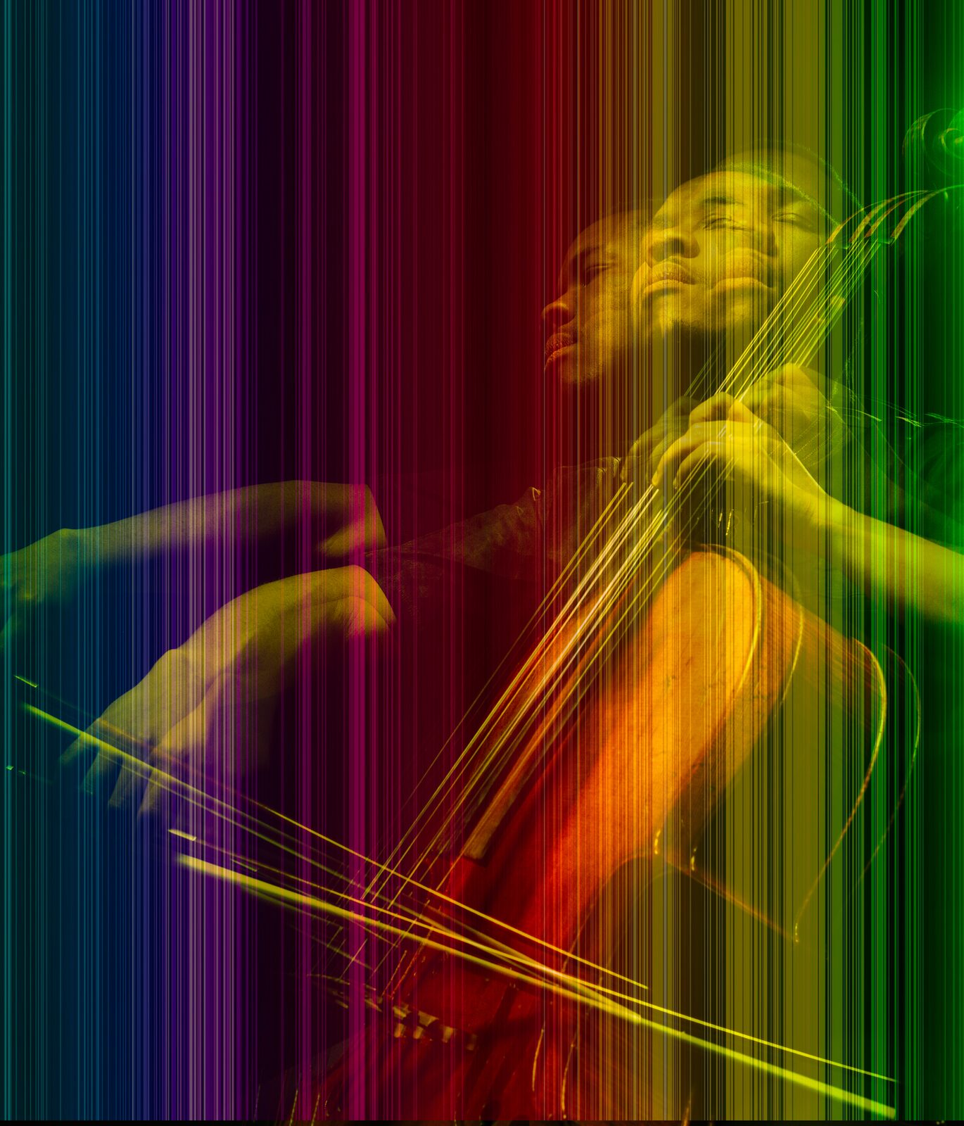 Multiple-exposure cellist portrait over vertical bands shifting from blue and magenta through red, yellow, and green.